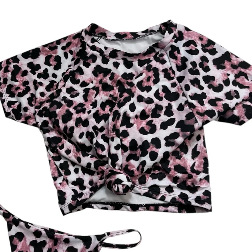 SHEIN Purple Animal Print Swim Set L 2 Pc Cropped Rash Guard Bathing Suit